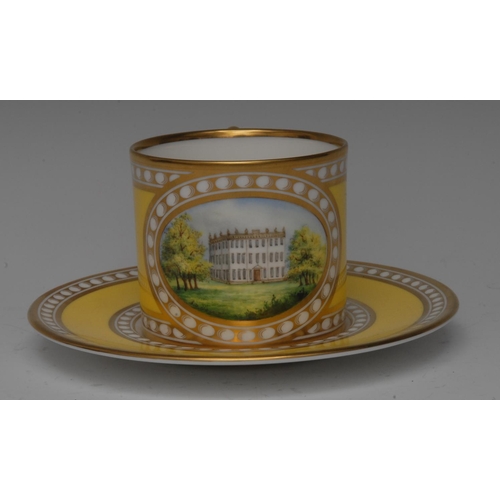 155 - A Lynton coffee can and saucer, painted by Stefan Nowaki, signed, with Wingerworth Hall, within gilt... 