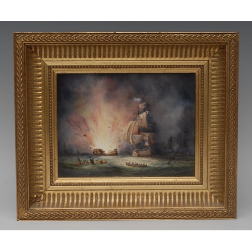 156 - A Lynton rectangular panel, painted by Stefan Nowacki, with galleon battle, 14cm x 19cm, framed