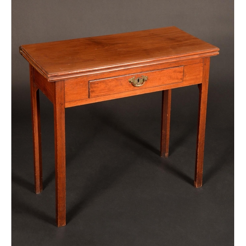 1563 - A George III mahogany rectangular tea table, folding top above a frieze drawer, brass bat shaped han... 