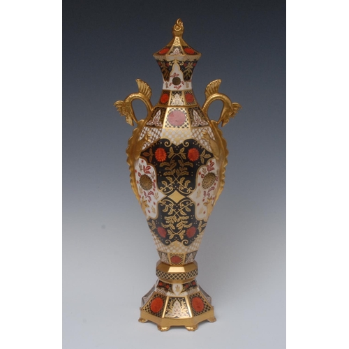 157 - An Abbeydale Chrysanthemum pattern Dragon vases, of hexagonal form, gilt dragon handles, 42cm high, ... 