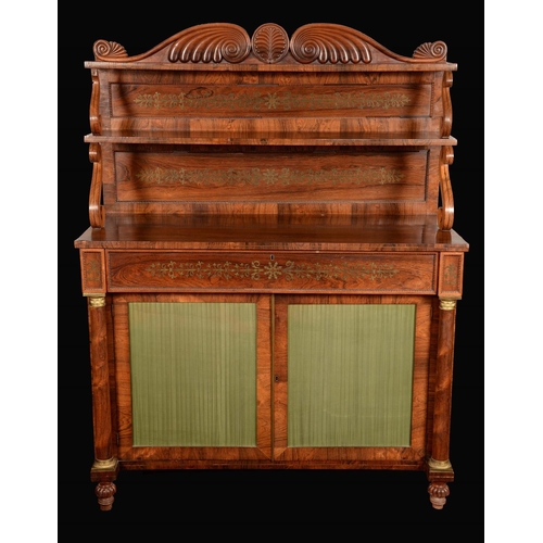 1595 - An unusual  Regency rosewood and brass marquetry secrertaire  chiffonier, shaped cresting, carved wi... 