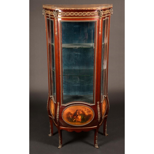 1603 - A late 19th century French gilt metal-mounted mahogany and vernis Martin bombé-shaped vitrine, three... 