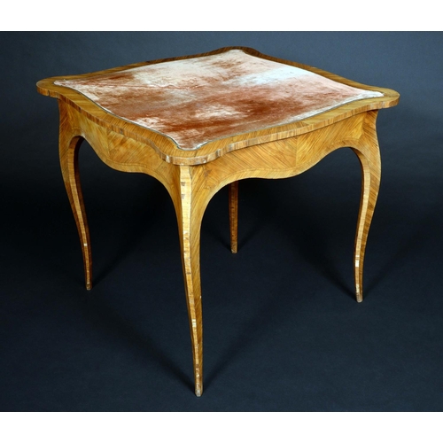 1610 - A Louis XV-Revival kingwood shaped tri-form card table, folding top crossbanded, book-matched and ve... 