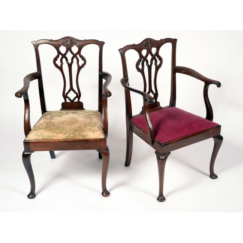 1614 - A pair of Chippendale Revival mahogany child's elbow chairs, Cupid's bow cresting, shaped and pierce... 