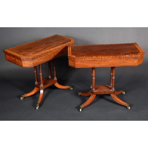 1617 - A pair of Regency canted rectangular mahogany card tables, crossbanded tops enclosing inset baize-li... 