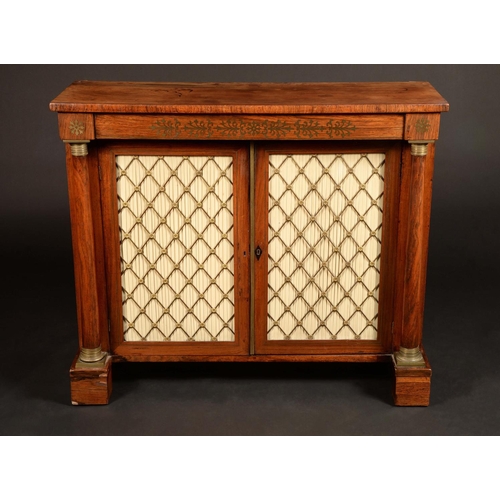 1631 - A Regency rosewood and brass marquetry side cabinet, of small proportions, rectangular top above a d... 