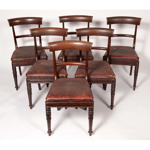 1633 - A set of six George IV rosewood dining chairs, curved cresting rails, stuffed-over seats, turned leg... 