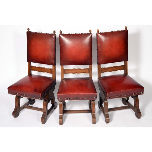 1636 - A set of ten 17th century design Continental dining chairs, stuffed-over brass-studded upholstery, s... 