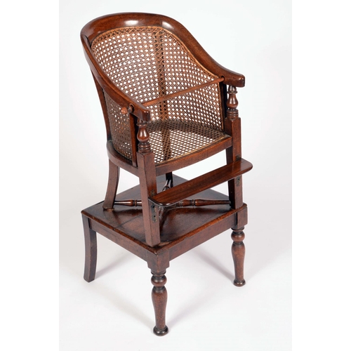 1645 - A Victorian mahogany child's metamorphic bergere high chair, downswept arms, X-stretcher, the table ... 