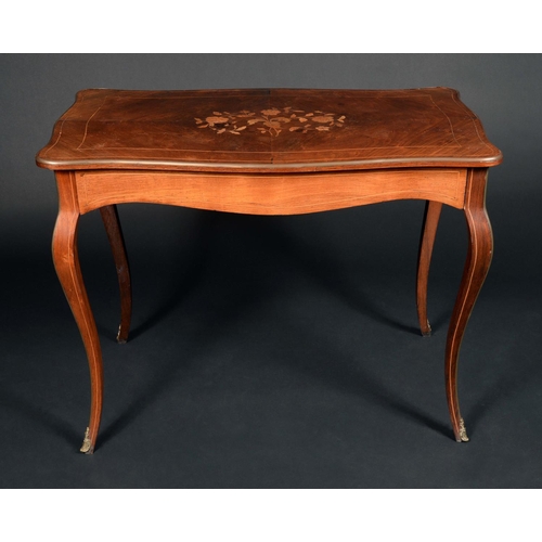 1655 - A Victorian walnut and marquetry occasional writing table, quarter-veneered top inlaid with a spray ... 