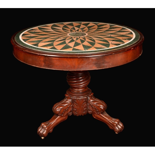 1669A - A substantial William IV mahogany and specimen marble centre table, moulded top above a deep frieze,... 