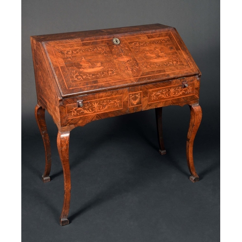 1671 - An 18th century Italian walnut and marquetry bureau de dame, inlaid with classical allegories and le... 