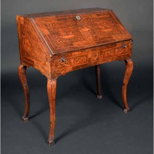 1671 - An 18th century Italian walnut and marquetry bureau de dame, inlaid with classical allegories and le... 