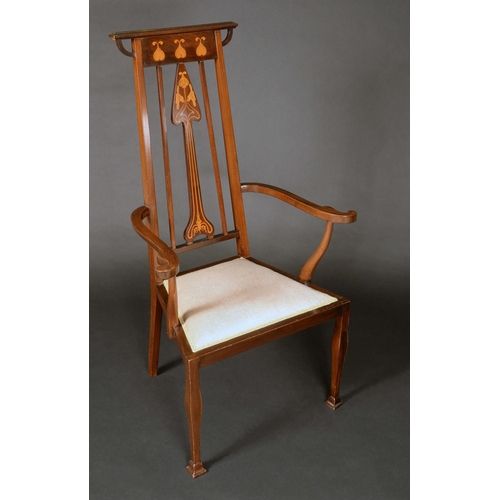 1675 - An Arts and Crafts mahogany and marquetry elbow chair, the tall back with oversailing cresting rail,... 