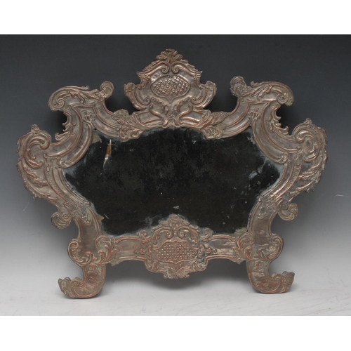 1682 - An early 19th century Rococo silvered and softwood shaped looking-glass, centred by a scrolling cart... 