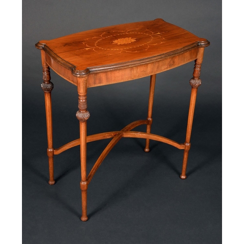 1687 - An Edwardian mahogany inlaid occasional table, bowed and hipped rectangular top inlaid with satinwoo... 