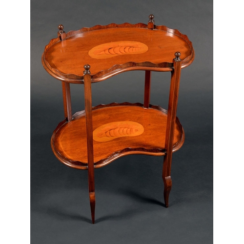 1689 - An Edwardian mahogany two tier kidney shaped whatnot, turned finials, wavy gallery, shell paterea, 7... 