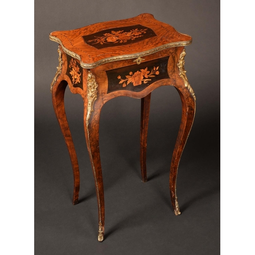 1692 - An unusual Louis XV Revival gilt metal mounted walnut and marquetry shaped rectangular teapoy, hinge... 