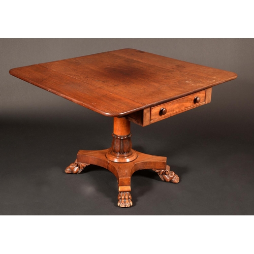 1703 - A George IV mahogany rounded rectangular Pembroke table, oversailing top, frieze drawer,  cylindrica... 