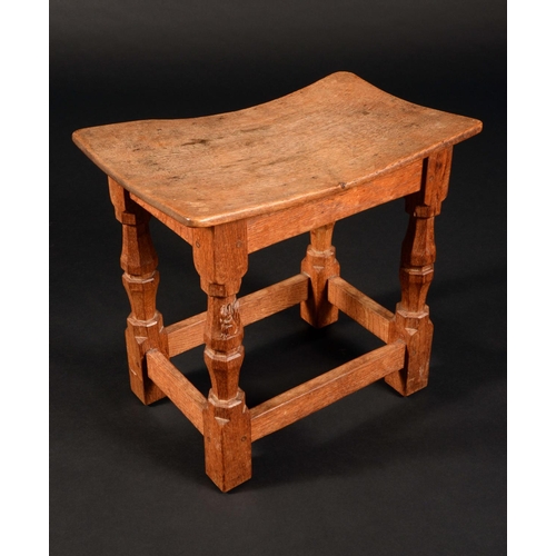 1708 - Wilf Hutchinson -  Squirrelman of Yorkhire - an oak rectangular stool, dished adzed top, baluster le... 