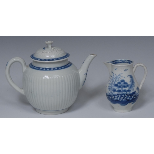 172 - A Worcester reeded globular teapot and cover, cell border, flower finial, 14.5cm high, crescent mark... 