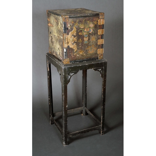 1730 - A Chinese lacquer rectangular cabinet on stand, decorated in polychrome and gilt with ho-ho birds, g... 