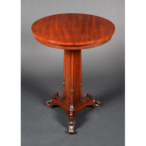 1742 - A George IV mahogany pedestal occasional table, circular top, triform column, scroll feet, 73cm high... 