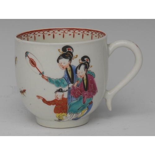 176 - A Worcester large coffee cup, decorated in polychrome with  four oriental figures, one holding a fan... 