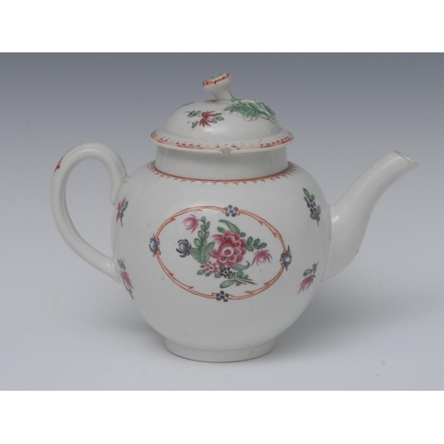 178 - A Worcester globular teapot and cover, decorated with pink flowers and foliage within a gilt cartouc... 