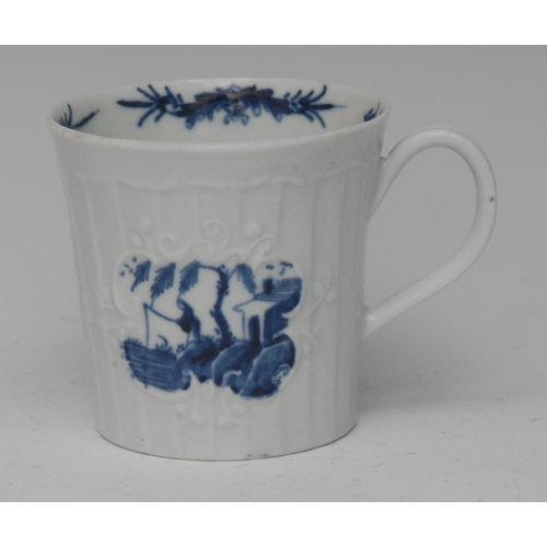 180 - A Worcester Fisherman and Willow Pavilion pattern  pleat moulded coffee can, painted in underglaze b... 