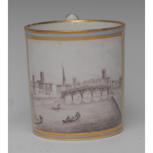 185 - A Chamberlains Worcester mug,  printed with a sepia view of Worcester, within gilt line cartouche, o... 