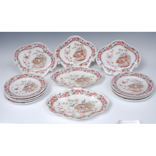 188 - A Chamberlain Worcester  chinoiserie dessert service, printed and painted with two figures in an ori... 