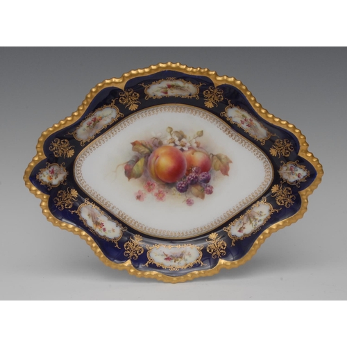 190 - A Royal Worcester oval dish, painted by H. Martin, signed, with fruit and blossom, the border painte... 