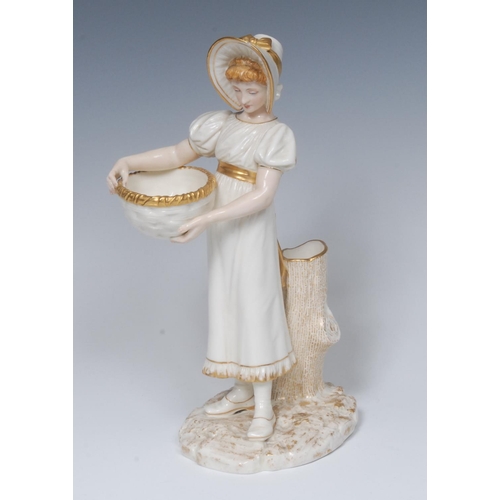 191 - A Royal Worcester Kate Greenway style figural spill vase, of a girl holding an oversize basket, gilt... 