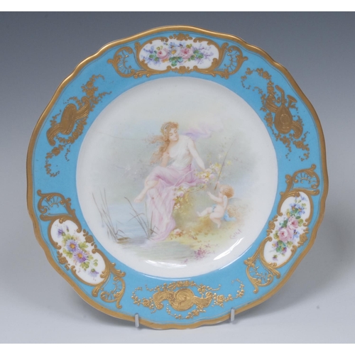 204 - A Royal Worcester shaped circular plate, painted with a classical lady and cherub by a lake, signed ... 