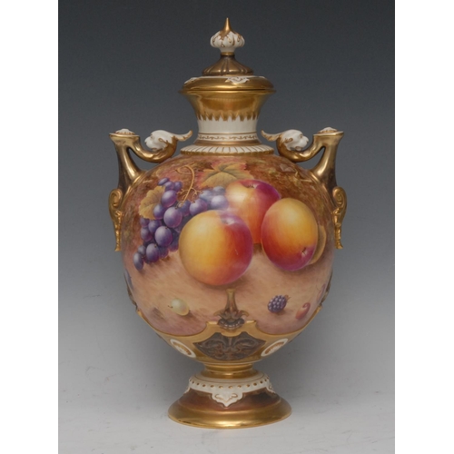 210 - A Royal Worcester two handled pedestal ovoid vase, painted by N Creed, signed, with ripe peaches and... 