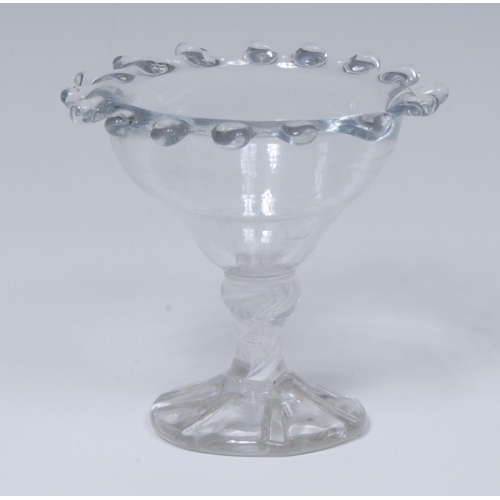 211 - A George III opaque twist jelly glass, ogee bowl with crimped everted rim, knopped stem, domed flute... 