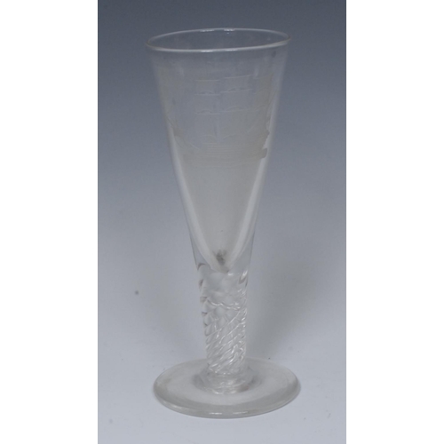 213 - A large 19th century glass novelty toy, as an 18th century wine glass, the trumpet-shaped bowl engra... 