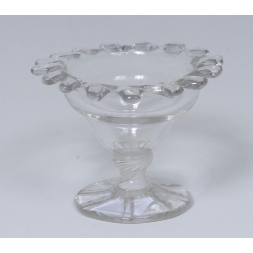 219 - A George III opaque twist jelly glass, ogee bowl with crimped everted rim, knopped stem, domed flute... 