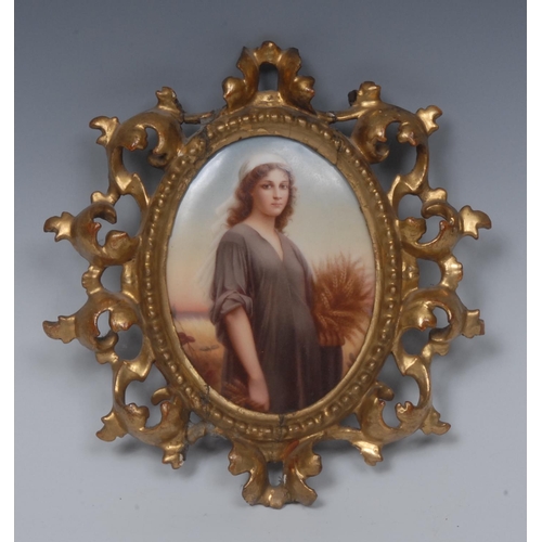 220 - A 19th century Berlin oval plaque, Ruth in the Cornfield, gilt foliate carved frame, 21cm high, c.18... 