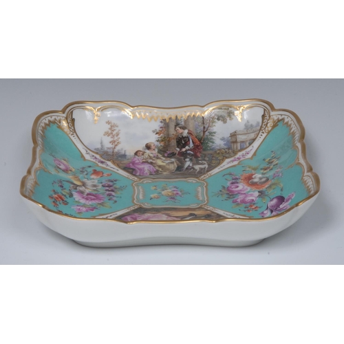 225 - A Berlin shaped square dish, decorated with alternating panels of courting couples and summer flower... 