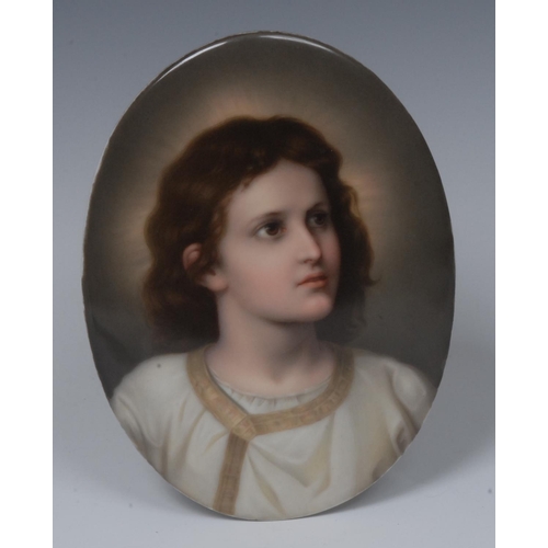 226 - A Continental oval porcelain plaque, of a virtuous child, 19cm high, c.1890