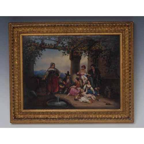 227 - A Continental rectangular plaque, painted with Romany family scene in a court yard, 18cm x 24cm, fra... 