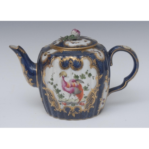 228 - A Continental Worcester scale blue type lobed barrel shaped teapot and cover, decorated with fan sha... 