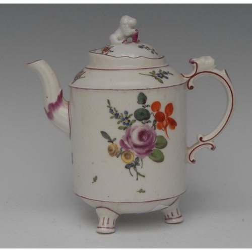 233 - A Ludwigsburg cylindrical teapot and cover, lion finial, painted with colourful summer flowers, thre... 