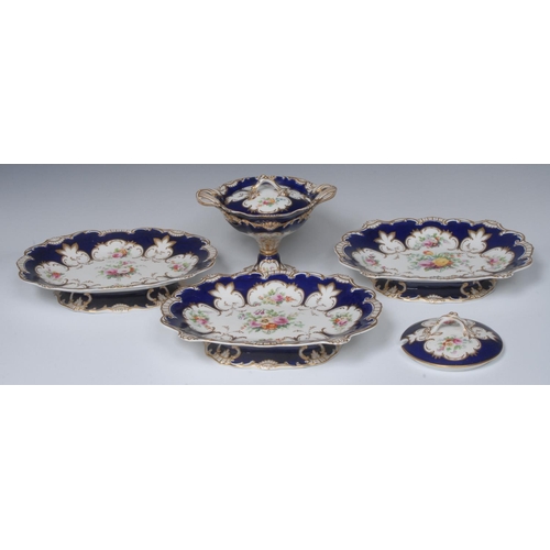 64 - A Coalport part dessert service, comprising three shaped oval serving dishes and two-handled pedesta... 