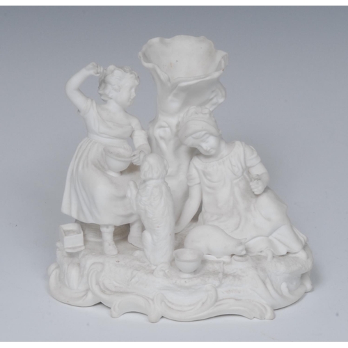 75 - A mid 19th century Derby type bisque figure group, Best Friends, of two girls, with cat and begging ... 