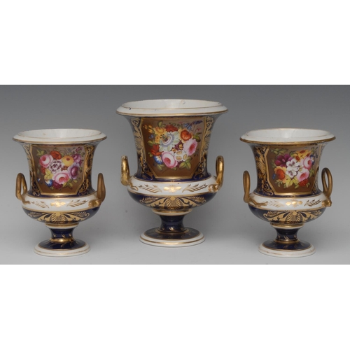 85 - A Bloor Derby two handled campana shaped garniture, each pained with colourful summer flowers within... 