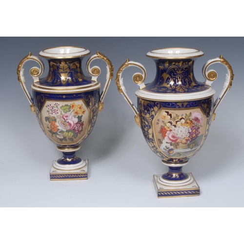 87 - A pair of Bloor Derby pedestal ovoid two-handled vases, painted with colourful summer flowers within... 