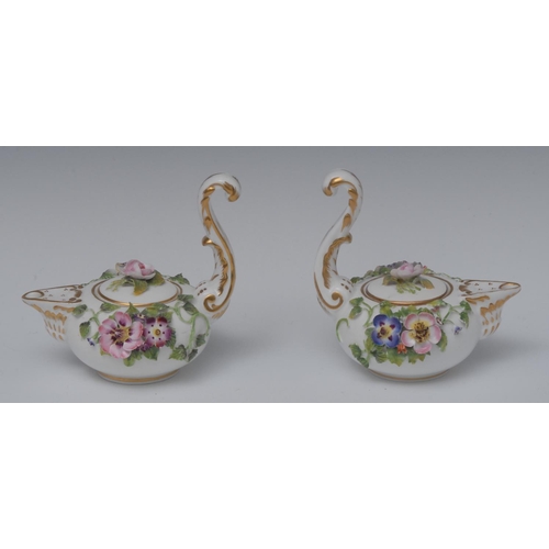 90 - A pair of Samson Hancock Derby novelty oil lamps, encrusted overall with flowers and foliage, picked... 